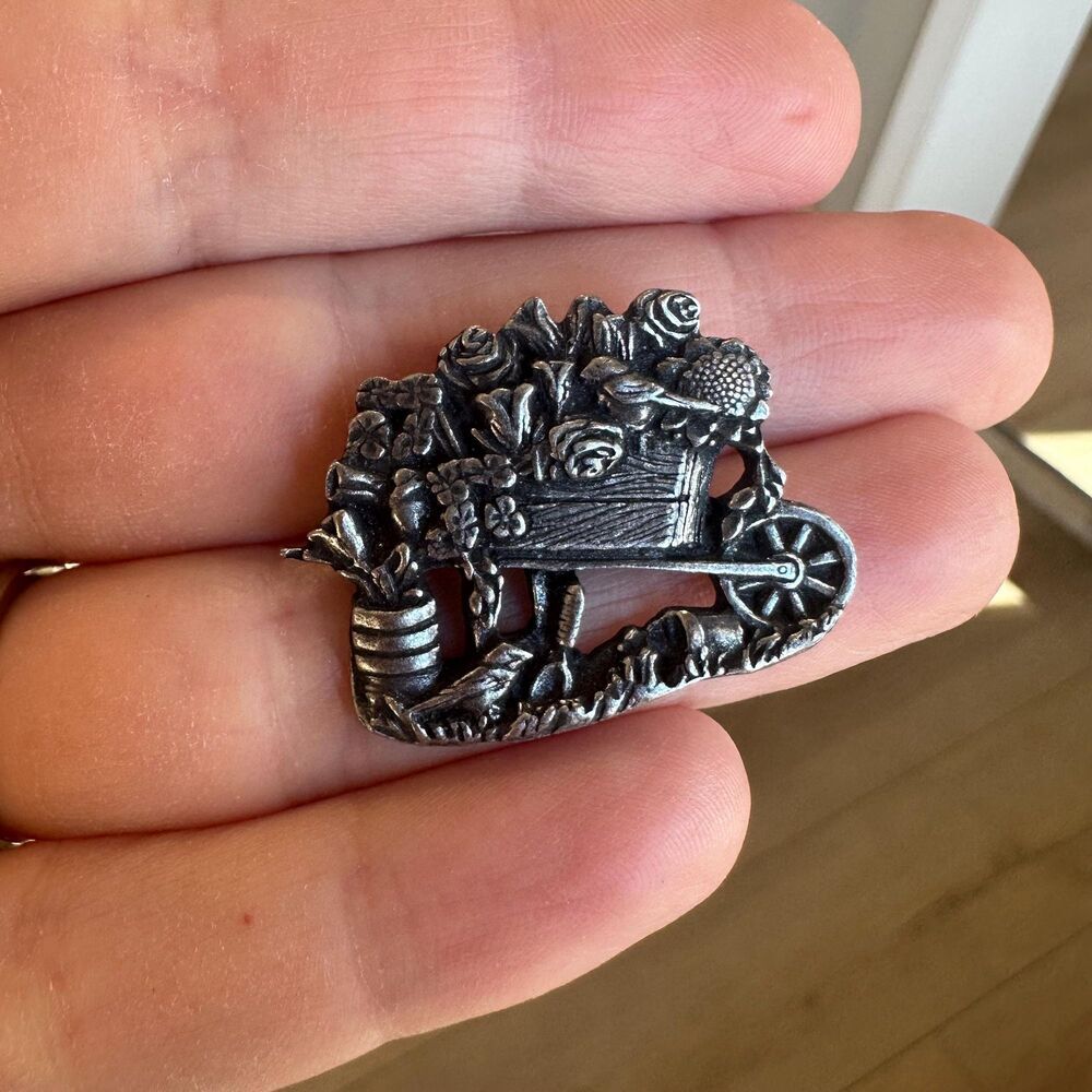 Birds and Blooms Wheelbarrow Brooch 2001 Pewter Wheelbarrow with flowers bird